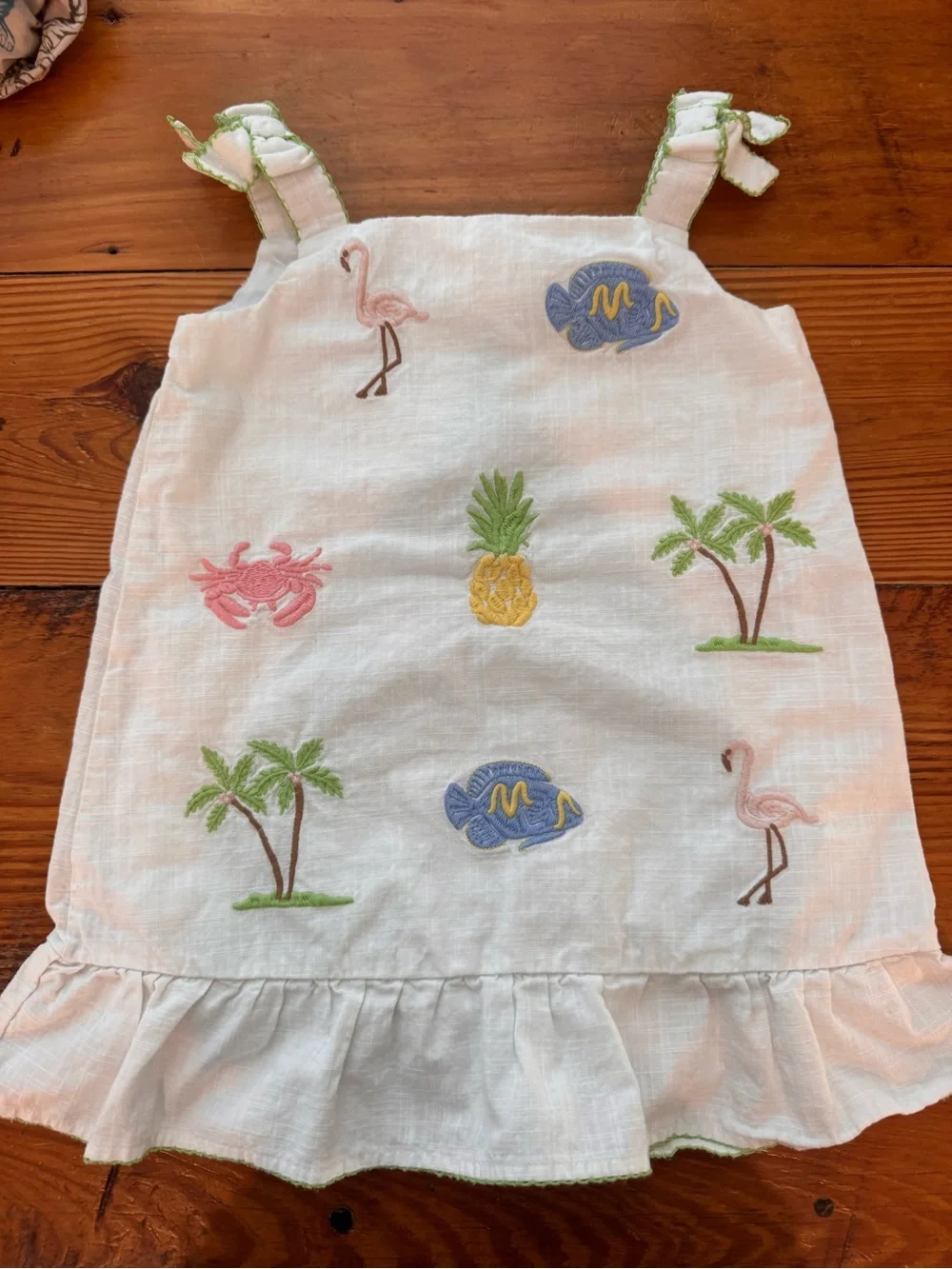 Janie & Jack White Embroidered Tropical Sundress with Pineapple & Flamingo